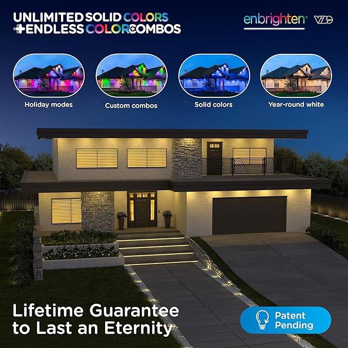 Enbrighten Vibe Eternity Accent Permanent Outdoor Lights for House, 150ft, 36 RGBWIC LEDs, Wide Spacing, 94lm, Tunable White, Everyday Eave Lighting, Smart App, Works with Alexa, Google Home, 85715