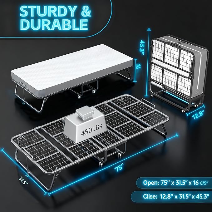 Pataku Folding Bed with Mattress, Twin Foldable Bed, Roll Away Beds for Adults, 75" x 31" Roll Away Portable Beds with 5" Mattress, Folded Frame for Small Apartment, Guest Room