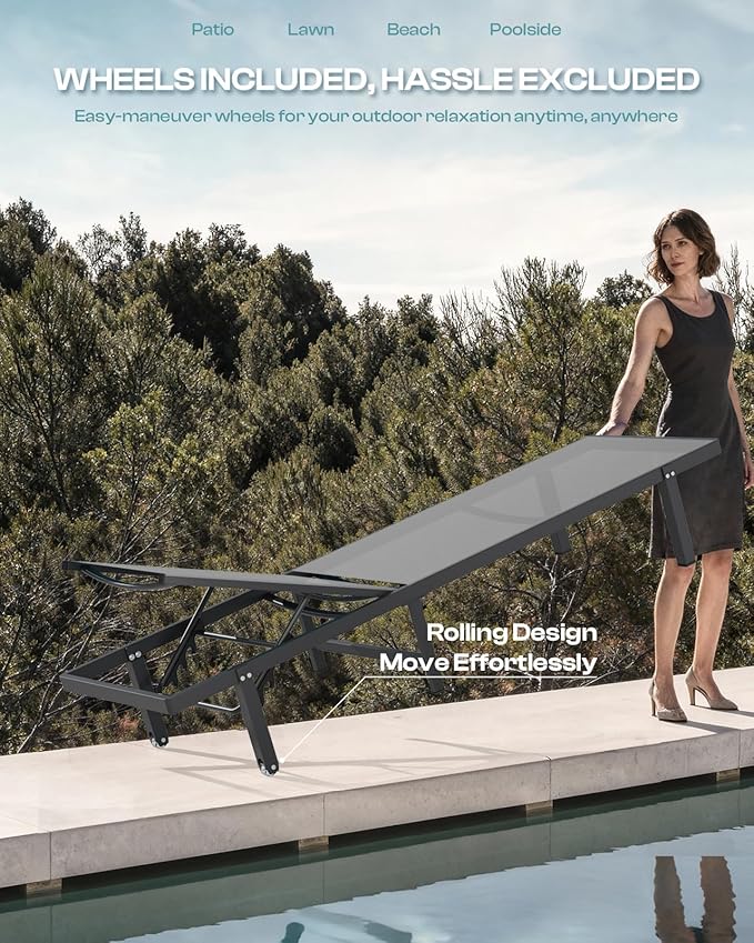 Pool Lounge Chairs Set of 2，Outdoor Lounge Chairs with Wheels and 5-Position Recliner -Easy to Move- Aluminum Patio Lounge Chair for Poolside, Deck (Darkgray)