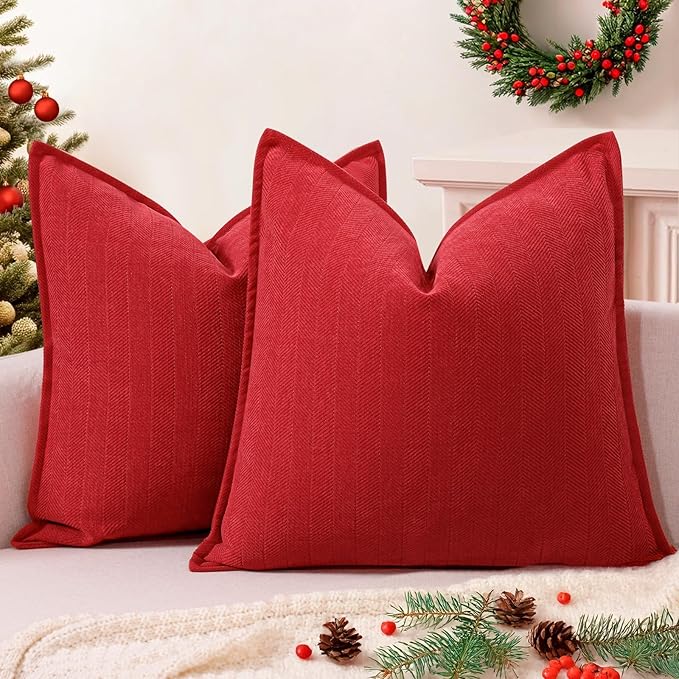 ZWJD Christmas Pillow Covers 16x16 Set of 2 Chenille Throw Red Cushion Covers with Elegant Design Soft and Luxurious Decorative Pillows for Couch, Bed, and Christmas Decor