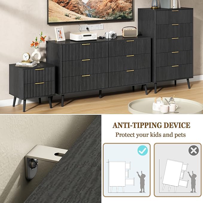 CARPETNAL Fluted 5 Drawers Dresser for Bedroom, 45" Tall Wooden Chest of Drawers with Rounded Corners, Gold Handles, Modern Storage Organizer for Bedroom, Hallway (Black)