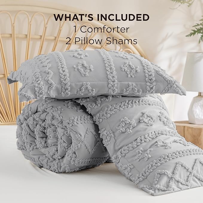 Bedsure Tufted Boho Comforter Set King Size - Light Grey Boho Bed Set, GentleSoft™ 3 Pieces Farmhouse Shabby Chic Embroidery Bedding, Gifts for Woman, Soft Jacquard King Comforter for All Seasons