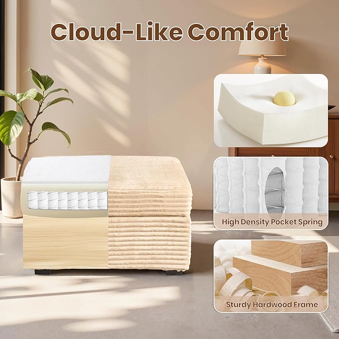 32.7'' Ottoman for Modular Sectional Sofa, Deep Seat Upholstered Footstool for Sofas Set, L/U/V Shaped Plush Corduroy Cloud Couch for Living Room Apartment, Beige