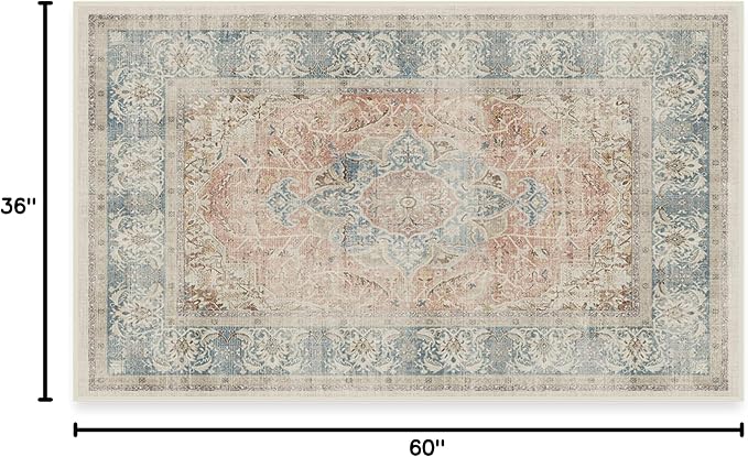 RUGGABLE Washable Vintage Area Rug – Sarrah Coral 3x5, Stain-Resistant, Non-Slip – Small Machine Washable Rugs for Living Room, Bedroom, Hallway, Entryway & Office–with Standard Pad