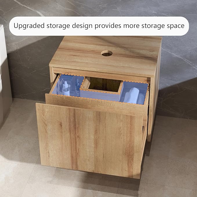 Bathroom Vanity, Natural Color Wall-Mounted Bathroom Vanity with Hidden Drawer (Nature Without Sink, 24)