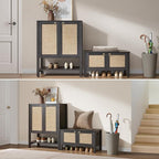 SICOTAS Shoe Storage Cabinet for Entryway - 5 Tier Rattan Entry Shoe Organizer Cabinet with Shelves & Doors, 2 Pieces Farmhouse Boho Tall Shoe Rack for Hallway, Living Room, Closet (Obsidian)