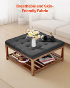 VEVOR Large Square Ottoman Coffee Table, 34.5 Inch Tufted Coffee Table with Solid Wood Shelf Storage, Linen Solid Upholstered Footrest Ottoman for Bedroom Living Room, 400 LBS, Dark Grey