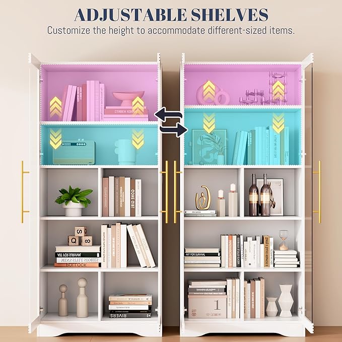 Vlsrka 65" File Cabinet, Filing Cabinets Fit Letter/A4 Size, Storage Cabinet with Doors & Lights, Tall File Bookcase with 2 Adjustable Shelves for Home Office, Living Room, White
