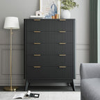Fluted 5 Drawer Dresser, Tall Dresser with Deep Drawers, Wood Chest of Drawers for Bedroom, Modern Tall Chest Storage Organizer, Natural Finish for Hallway, Entryway, Living Room(Black)