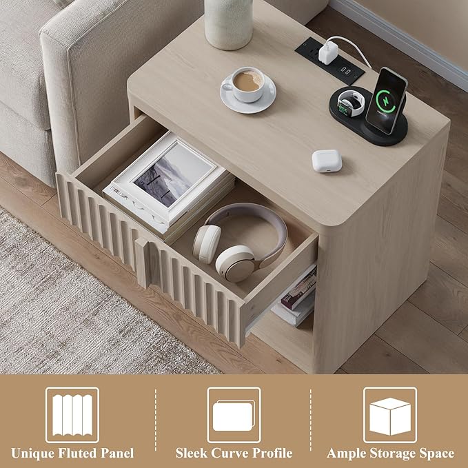 Fluted Nightstand Set of 2 with Charging Station, 23.6" Wood End Table with Solid Wood Handle, Curved Profile Design, Mid Century Moden Bedside Table for Bedroom, White Alder