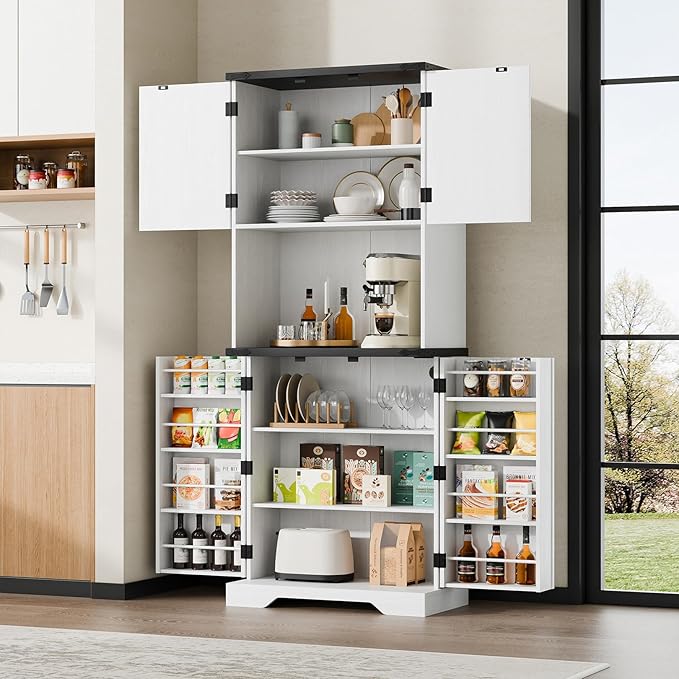 Cozy Castle 74" Farmhouse Pantry Cabinet with Charging Station, Tall Kitchen Storage Hutch Cabinet Coffee Bar Workstation, Sideboard Buffet Cupboard for Dining Room Living Room Furniture, White