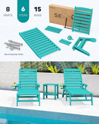 SERWALL Patio Chaise Lounge Chair Set of 2, 78'' Long 5-Positions Adjustable HDPE Outdoor Lounger for Pool, Poly Lounge Chair with Rolling Wheels & Cup Holder for Poolside, Deck, Aqua Blue