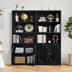 70.8" Tall Fluted Bookshelf with Storage Cabinet, Modern 5-Tier Wood Bookcase with Open Display Storage Shelf, Gold Handles for Office Living Room (Black)