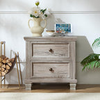 Farmhouse Nightstand Set of 2 for Bedroom, Mid-Century Low Nightstands with 2 Drawers & Charging Station, Vintage Night Stands with 4 Square Solid Wood Legs, Small Dresser for Home, Grey