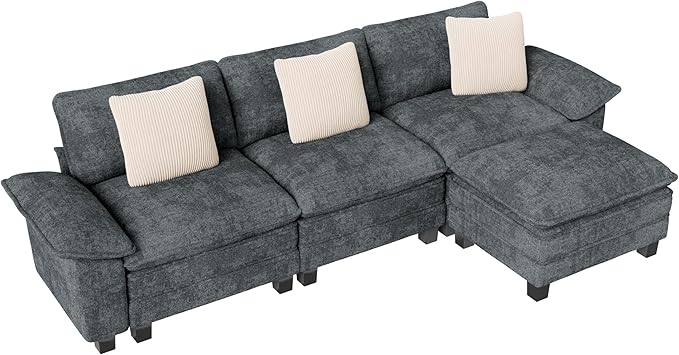 123-Inch L Shaped Sectional Sofa with Cloud Cushions, Deep Seat Modular Couch Set w/ 4 Seats & 1 Ottomans, Removable Arms, Plush Chenille Upholstery for Living Room, Apartment - Cyan
