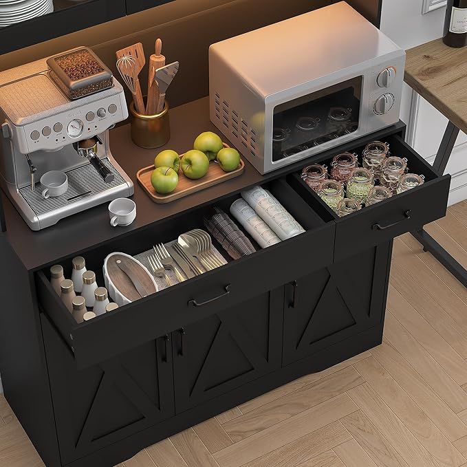 71" Kitchen Pantry Cabinet: Hutch Cabinet with Glass Doors, Pantry Cabinets with Drawers, Adjustable Shelves, LED Light & Power Outlets for Kitchen, Living Room, Dining Room (Black)