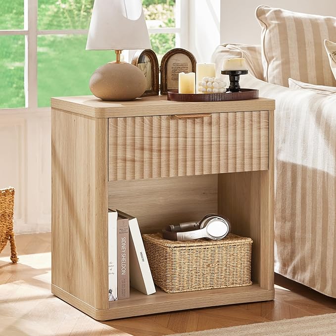 LEYAOYAO Fluted Farmhouse Nightstand Set of 2 with Charging Station, 23" Wide 1 Drawers End Table,Natural Dresser for Bedroom,Bed Side Table Chest of Drawers Cabinet,Wood Night Stand for Living Room