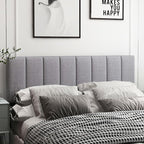 KOMFOTT Linen Upholstered Headboard for Full & Queen Size Bed, Vertical Channel Tufted Rectangular Headboard with Solid Wood Legs & Adjustable Width, Padded Bed Backboard, Easy Assembly (Gray)
