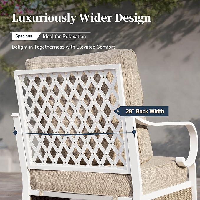 6 Piece Metal Outdoor Patio Furniture Set, Patio Conversation Sets 1 3-seater Sofa, 4 Single Sofa with 5.75" Extra Thick Cushion and Coffee Table, White Frame Backyard Furniture, Beige