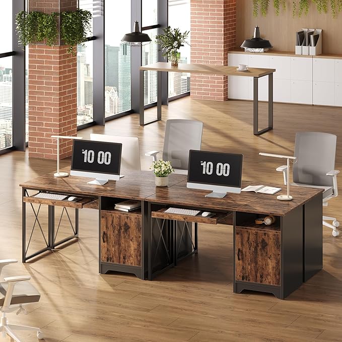 Bestier Office Desk with Keyboard Tray, 47 inch Industrial Computer Desk with Storage, Reversible Executive Desk with File Cabinet for Home Office Bedroom, Rustic Brown