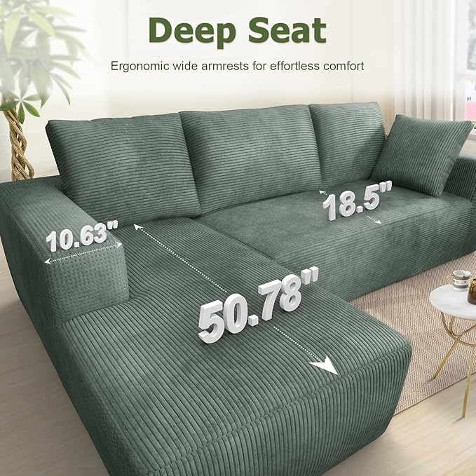 108” Cloud Sectional Couch, Modular Sectional Sofa with Deep Seat, Corduroy Boneless Couches with Chaise for Living Room Bedroom, No Assembly Required