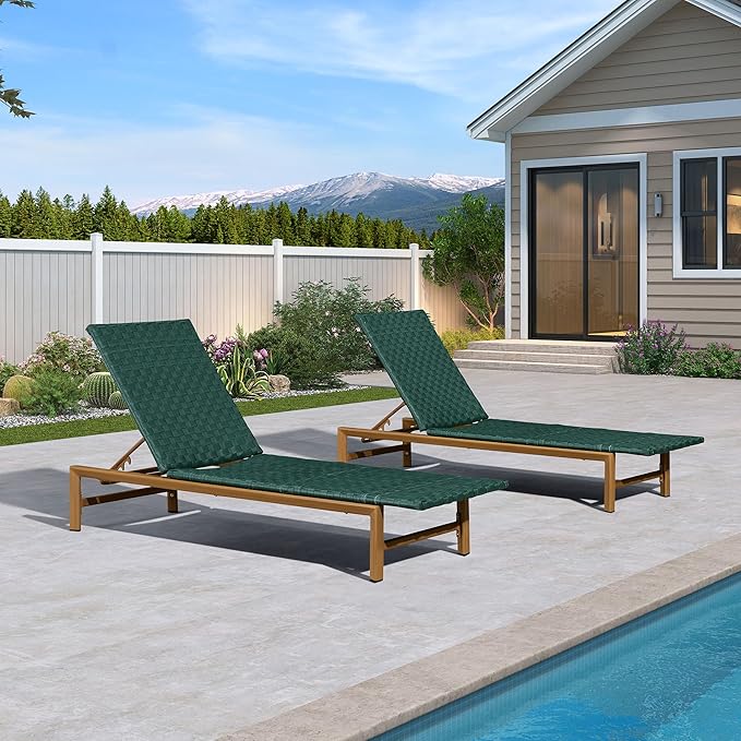 PURPLE LEAF Patio Chaise Lounge Rattan Chair Outdoor Pool Adjustable Recliner Wicker Lounger for Outside Woven Furniture Tanning Poolside Lounger Forest Green