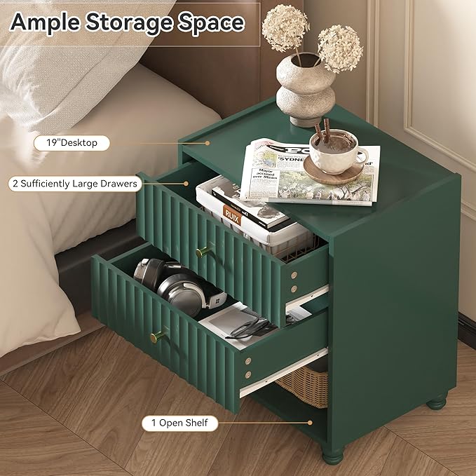 Modern Nightstand Set of 2, Fluted End Table with Open Shelf, Night Stand with 2 Drawers for Bedroom (Green)