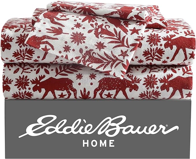Eddie Bauer 3 Pc Flannel Sheets Twin Size - 100% Cotton Breathable & Soft Twin Sheets Set (1 Flat, 1 Flannel Fitted Sheet & 1 Pillowcase) - 12" Deep Pocket All Seasons Sheet Set (Arcadia Red)