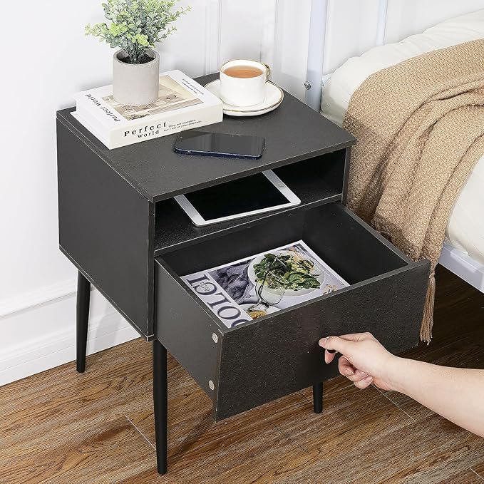 VECELO Modern Night Stand,Square Side Table,End Table with Drawer and Storage Space for Bedroom and Living Room,Bedside Table
