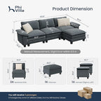 PHI VILLA Cloud Modular Couch Sets, 123.6" Sectional Sofa with L-Shaped Chaise, 4-Seater Upholstered Couches with Movable Ottoman for Living Room, Chenille Fabric, Dark Cyan