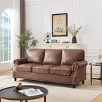 Kingfun Mid-Century Modern Couch, Faux Leather Sofa, 3 Seater Couch for Living Room with Rolled arms & Nailhead Trim, Dark Brown