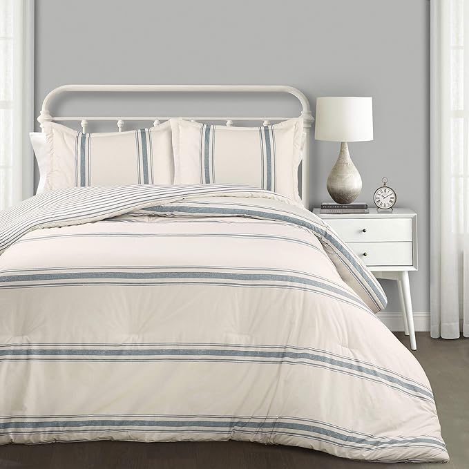 Lush Decor Farmhouse Stripe Reversible Cotton Comforter Set, 3 Piece Set, King, Blue - Cozy F𝚊rmhouse Bedding Set - Rustic Decor - Striped Comforter - Modern Farmho𝚞se Bedroom Decor