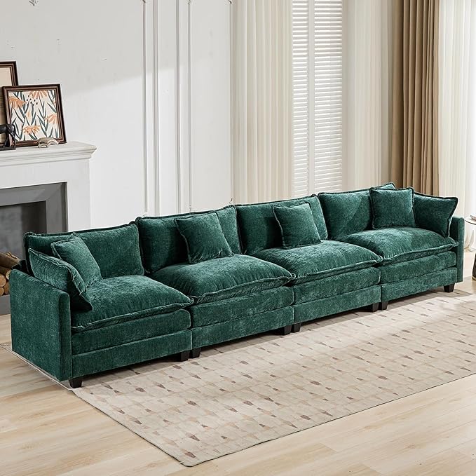 Aoowow Modular Sectional 4 Seater Cloud Sofa Couch for Living Room,149.6" Cloud Sofas with Deep Seat,Modern Chenille 4 Seat Sofas,Fluffy Cloud Couches for Bedroom,Office,Hotel (Green, 4 Seater)