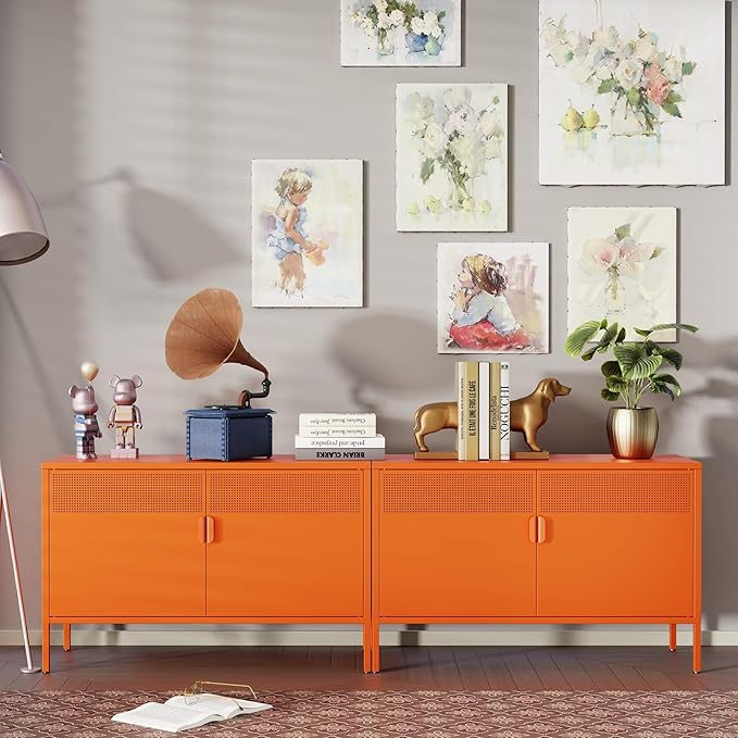Orange Wide Metal Locker Storage Cabinet, 2 Door Metal Accent Cabinet for Home and Office, 2 Tier Low Metal Cabinet with Doors and Shelf, Multipurpose Metal Tv Stand Cabinet