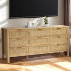 9 Drawer Dressers for Bedroom, Rattan Dresser with Drawers, Modern Wood Dresser with Metal Handles, Chest of Drawers for Bedroom, Living Room, Entryway (9 Drawer)