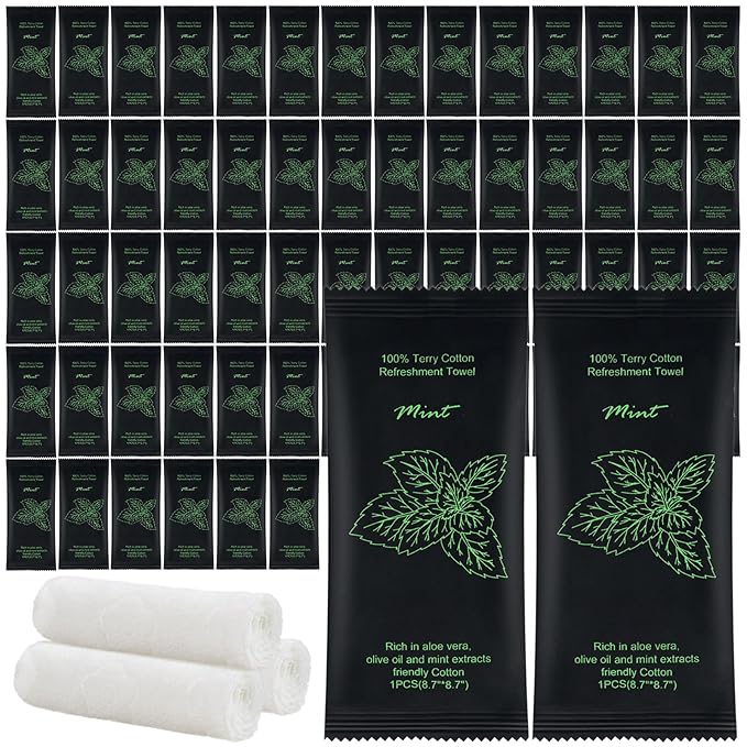 Moist Cotton Towel Bulk Moist Towelettes Individually Wrapped 8.7" x 8.7",White Towel Services,Refreshment Pre Moistened Towels for Travel Sport Party Spa Dentist (1 Count (Pack of 200), Mint)