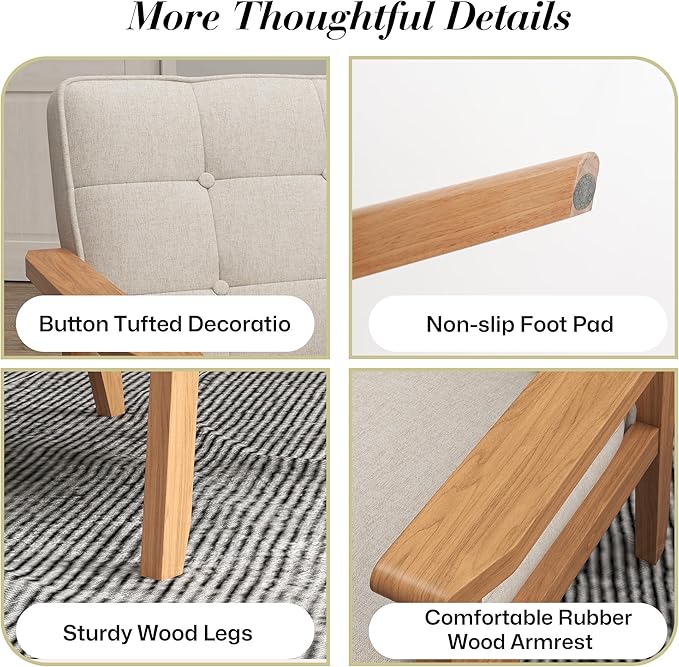 KCC Mid-Century Modern Linen Fabric Accent Chair Set of 2, Upholstered Tufted Leisure Chair Comfy Reading Side Chair with Armrest and Solid Wood Frame for Living Room Bedroom Balcony(Beige)