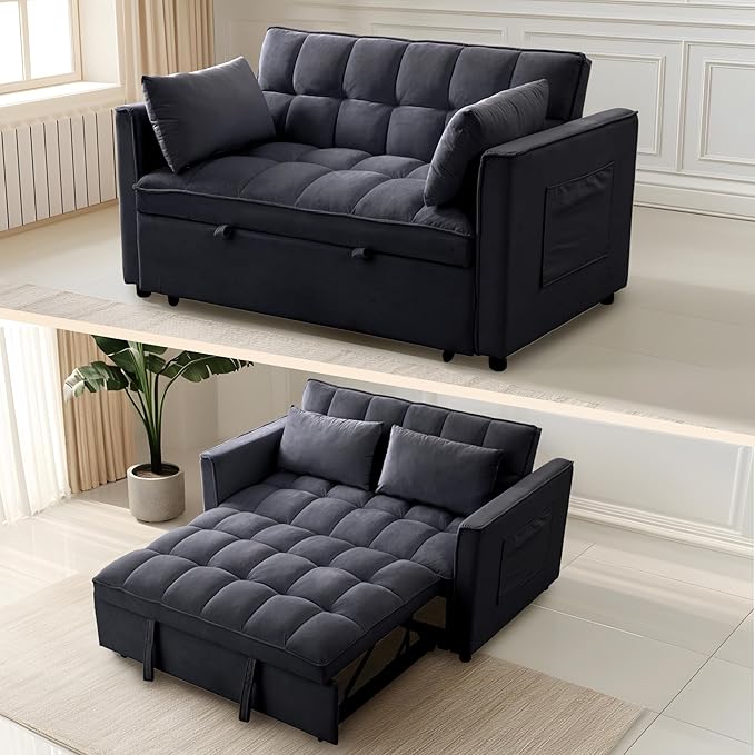 FLEXISPOT XCT4 3-in-1 Convertible Loveseat Sofa Bed for Small Spaces, Velvet Pull Out Couch with Adjustable Backrest, Compact Twin Sleeper Chaise Lounge Futon for Apartment Dorm RV Guest Room, Black