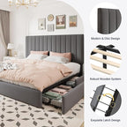 Allewie King Size Storage Bed Frame, Vertical Channel Tufted Adjustable Headboard, Velvet Upholstered Platform Bed with 4 Oversized Underbed Drawers, Wooden Slats Support, No Box Spring Needed, Grey