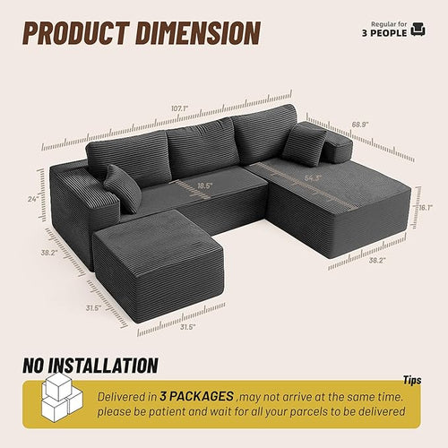 107" Boneless Couch with Deep Seat, Modular Sectional Sofa, Cloud Sectional Couch for Living Room, No Assembly Required, Corduroy, U-Shape 3 Seater Right, Gray