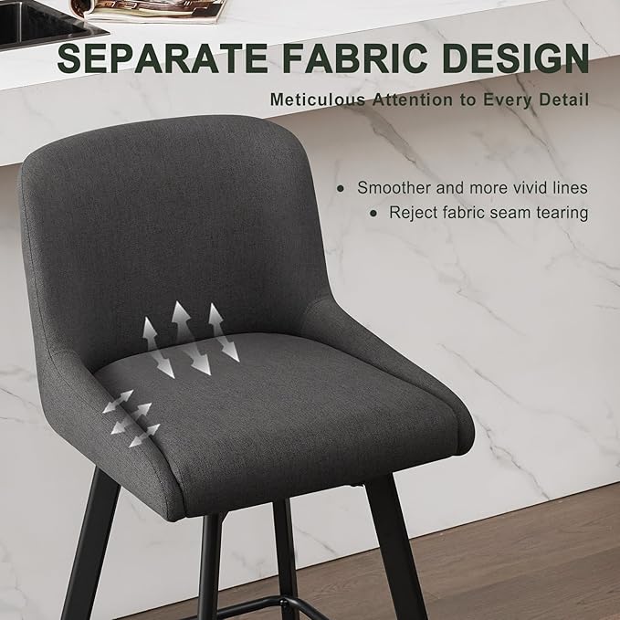 Swivel Counter Height Bar Stools Set of 4, 30''H Upholstered Barstools with Backs, Modern Bar Stool Chairs for Kitchen Island, Metal Legs, Fabric, Black Grey Stools Counter Chair
