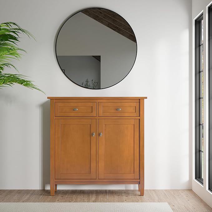 SIMPLIHOME Warm Shaker Solid Wood 36 inch Wide Transitional Entryway Storage Cabinet in Light Golden Brown for The Living Room, Entryway and Family Room