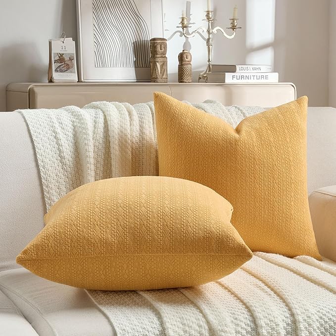 FUTEI Mustard Yellow Chenille Throw Pillow Covers 12x20 Inch Set of 2,Soft Striped & Diamond Textured Lumbar Pillow Cases,Modern Home Decor for Couch Living Room
