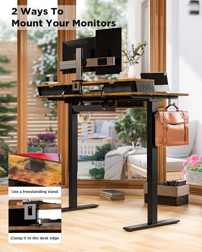 FiCiHi Adjustable Height Standing Desk with 4 Drawers,55 x 24 inches Electric Sit Stand Home Office Desk with Two Tiers, 3 Memory Presets, Monitor Stand Riser