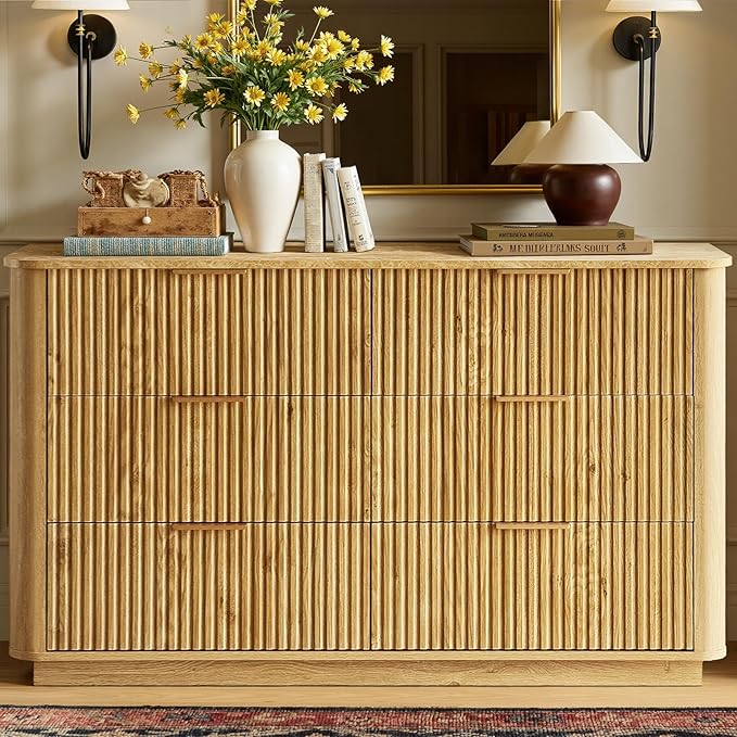 win2win 6 Drawer Dresser, Mid Century Modern Dresser with Storage, 47" Wide Fluted Chest of Drawers with Faux Marble Top, Dressers TV Stand, Drawers Organizer for Bedroom, Living Room, Hallway, Oak