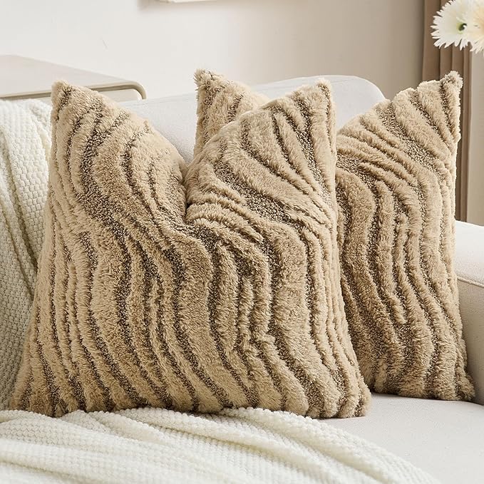 FUTEI Khaki Decorative Throw Pillow Covers 16x16 Inch Set of 2,Soft Faux Fur Geometric Shapes Texture Cushion Case,Boho Home Decor for Couch Bed Living Room