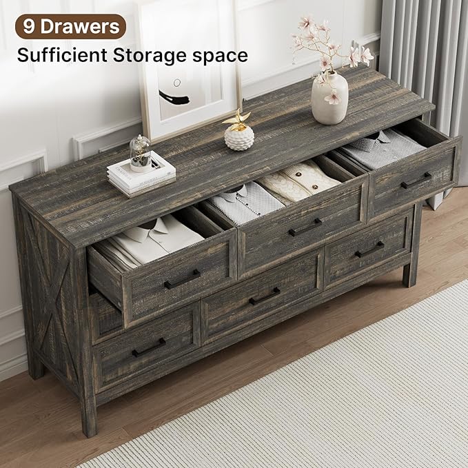LYNSOM Farmhouse 9 Drawers Dresser for Bedroom, Wood Rustic Wide Chest of Drawers with Deep Drawers, Metal Handle, Storage Dressers Organizer for Entryway, Hallway, Dark Rustic Oak
