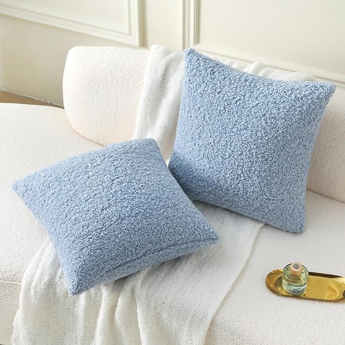 FUTEI Light Blue Throw Pillow Covers 26x26 Inch Set of 2,Furry Faux Fur Teddy Boucle Textured Cushion Covers,Soft Fluffy Decorative Euro Pillow Shams,Home Decor for Couch Bed Living Room Office Car