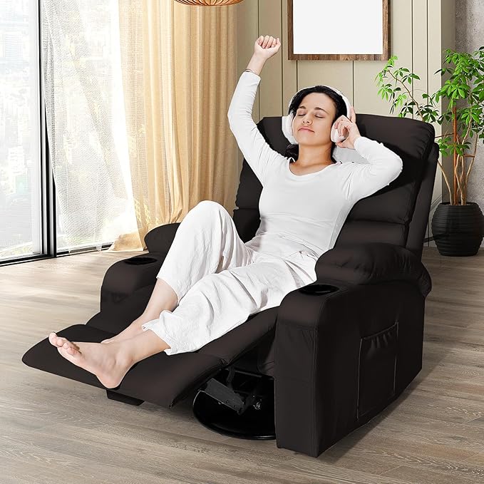 LEVELEVE Rocking Recliner Chair, Massage Rocker Recliner Chair with Vibration Massage and Heat, USB and Type-C Ports,360° Swivel Faux Leather Chairs, Living Room, Bedroom, Nursery, RV, Brown