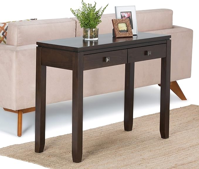 SIMPLIHOME Cosmopolitan Console Table - 38 Inch Wide Solid Wood Sofa Table in Mahogany Brown, Contemporary Compact Storage Table for Entryway or Living Room with 2 Drawers and Tapered Legs